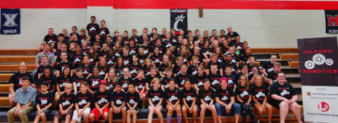 a group of students sitting on bleachers during a Milford Robotics event